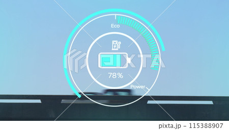 Image of interface with charging battery icon and speedometer over road Image of interface with charging battery icon and speedometer over road 115388907