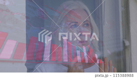 Image of data processing over caucasian woman with face mask 115388988