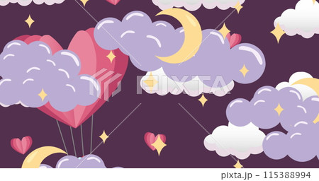 Image of clouds and stars with moons over hearts on purple background 115388994