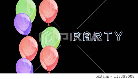 Image of party text over colorful balloons on black background Image of party text over colorful balloons on black background 115389009