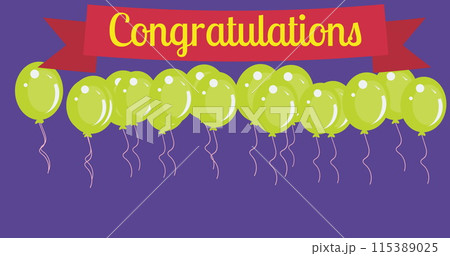 Image of congratulations text over green balloons on purple background 115389025