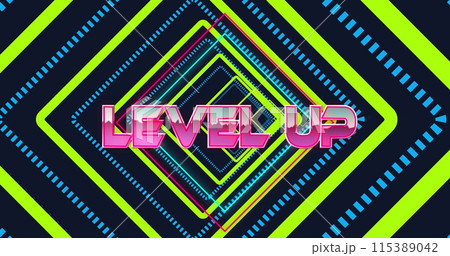 Image of level up text over neon shapes on black background 115389042