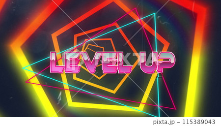 Image of level up text over neon shapes on black background Image of level up text over neon shapes on black background 115389043