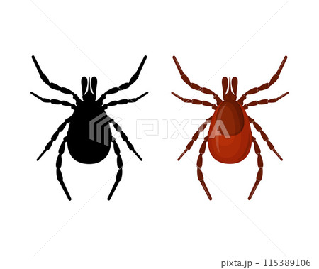 Mite. The silhouette of a tick is a top view. A blood-sucking parasite. The insect is a pest. Vector illustration isolated on a white background Mite. The silhouette of a tick is a top view. A blood-sucking parasite. The insect is a pest. Vector illustration isolated on a white background 115389106