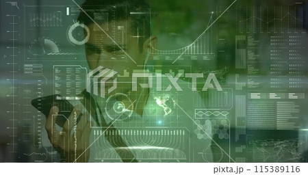 Image of interface with data processing over biracial man talking on smartphone outdoors 115389116