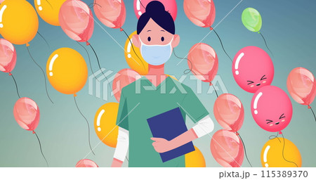 Image of female doctor wearing face mask over balloons 115389370