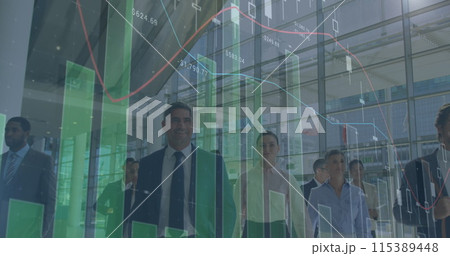 Image of financial graphs over diverse businesspeople walking in office Image of financial graphs over diverse businesspeople walking in office 115389448