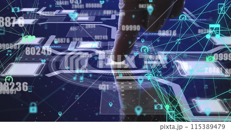 Image of numbers changing, networks of connections over man touching processor screen Image of numbers changing, networks of connections over man touching processor screen 115389479