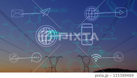 Image of data processing over pylons and media icons Image of data processing over pylons and media icons 115389489