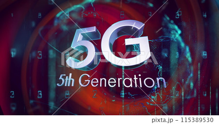 Image of silver text 5g 5th generation, with glowing globe and data processing on red background 115389530