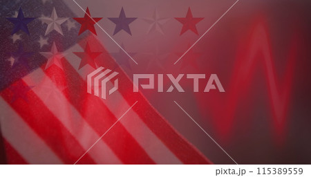 Image of red, white and blue stars with moving red lights, over american flag 115389559