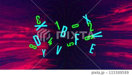 Image of blue and green letters and numbers changing, with red flashes on dark background Image of blue and green letters and numbers changing, with red flashes on dark background 115389589