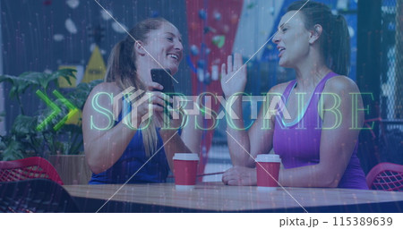 Image of subscribe text over two caucasian women using smartphone on climbing wall Image of subscribe text over two caucasian women using smartphone on climbing wall 115389639