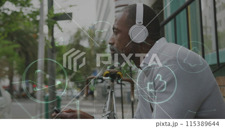 Image of digital icons over man with headphones and smartphone sitting in city street 115389644