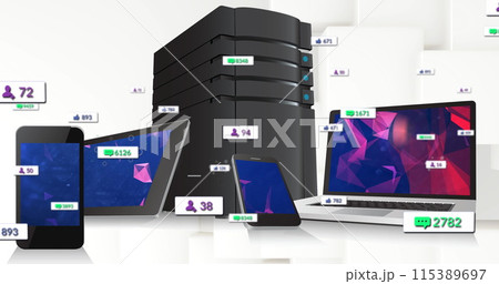 Image of media icons over technology devices 115389697