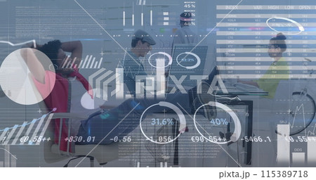 Image of data processing over diverse business people using technology Image of data processing over diverse business people using technology 115389718
