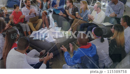 Image of data processing over diverse business people discussing work 115389758