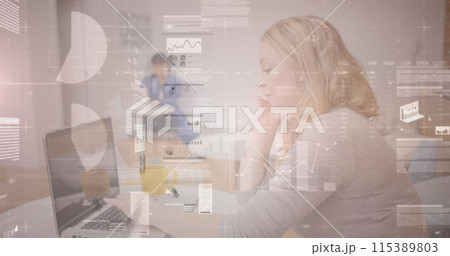 Image of data processing over caucasian businesswoman talking on smartphone Image of data processing over caucasian businesswoman talking on smartphone 115389803