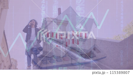 Image of data processing and house over biracial businessman talking on smartphone Image of data processing and house over biracial businessman talking on smartphone 115389807
