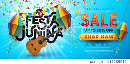 Festa Junina Sale Promotional Business Illustration with Paper Lantern and Guitar on Sky Blue Background. Vector Special Offer Illustration for Coupon, Voucher, Banner, Flyer, Poster, Invitation or 115389913