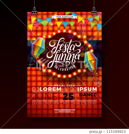 Festa Junina Party Flyer Design with Party Flags, Paper Lantern and Light Bulb Billboard on Red Checkered Background. Vector Brazil June Festival Illustration for Celebration Poster or Holiday Festa Junina Party Flyer Design with Party Flags, Paper Lantern and Light Bulb Billboard on Red Checkered Background. Vector Brazil June Festival Illustration for Celebration Poster or Holiday 115389923