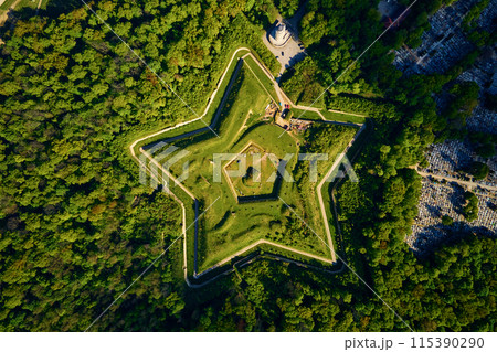 Aerial view of Prusy Fort in Nysa city on clear day, Star-shaped historical military fortress surrounded by lush greenery and the town in background. Tourist attraction in Poland 115390290
