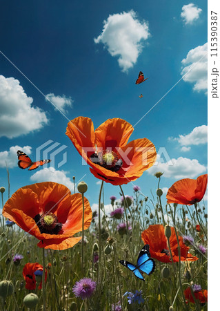 Natural landscape with blooming field of poppies. Poppies flowers and butterfly in nature in daylight and blue sky. Generated AI 115390387
