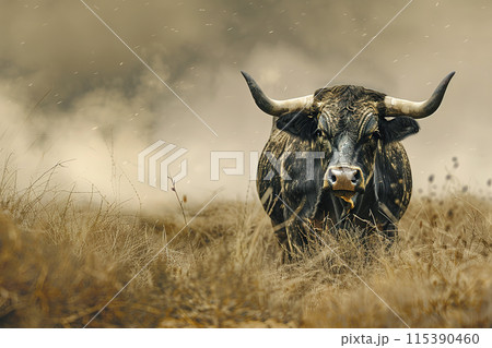 A bull stands in the middle of a deserted field. Wildlife Animals. 115390460
