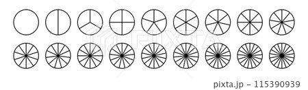 Pie chart with different segments in a circular diagram. wheel graph divided into parts and sections. Flat vector illustration isolated on white background. Pie chart with different segments in a circular diagram. wheel graph divided into parts and sections. Flat vector illustration isolated on white background. 115390939