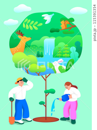 nature protected by tree-planting people and planted trees 115391354