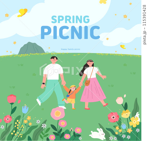 Family Illustration on a Spring Picnic Outing Family Illustration on a Spring Picnic Outing 115391428