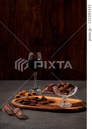 sweet homemade chocolate and wine 115391431