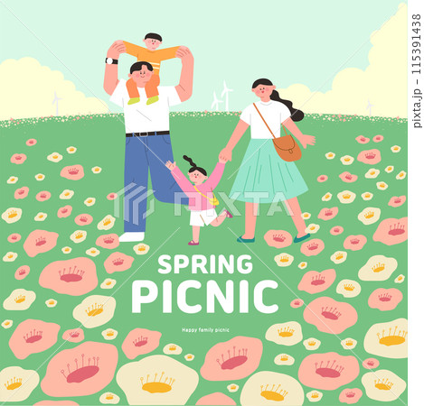 Family Illustration Enjoying Spring Picnic Outings 115391438