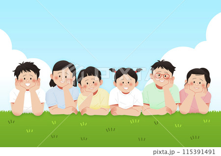 Children Lying on the Lawn Smiling Happily 115391491