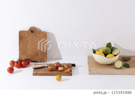 fresh salad ingredients on wooden boards fresh salad ingredients on wooden boards 115391986