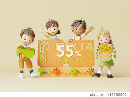 Happy kids with gift boxes and coupons 115392201