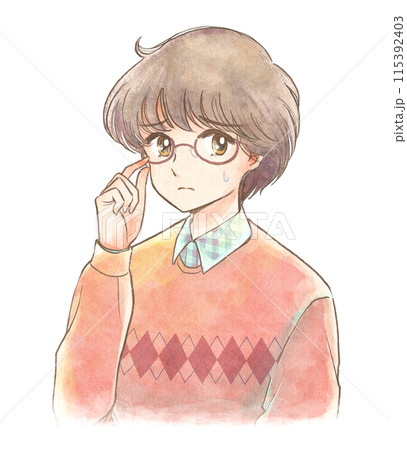 疑いの目を向ける、メガネ幼馴染クンの80s少女漫画イラスト 115392403