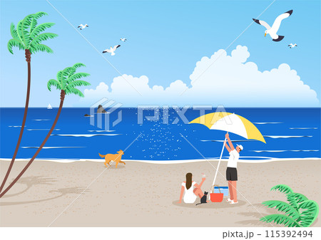 A woman and a man on a picnic at a windy resort beach A woman and a man on a picnic at a windy resort beach 115392494