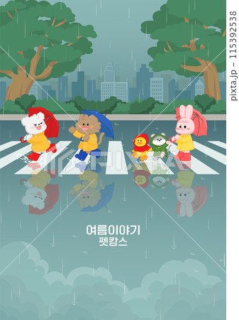A companion animal wearing a raincoat and an umbrella walking across the board on a rainy day 115392538