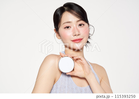 Asian Woman Poses With One Hand Cushion Fact Asian Woman Poses With One Hand Cushion Fact 115393250