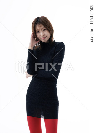 Korean Woman Wearing Black Dress and Red Leggings Korean Woman Wearing Black Dress and Red Leggings 115393509