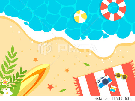 Summer Beach Beach Beach Sand Beach Background Illustration with Surfboard Beach Ball Tube Parasol Mat seen from above 115393636