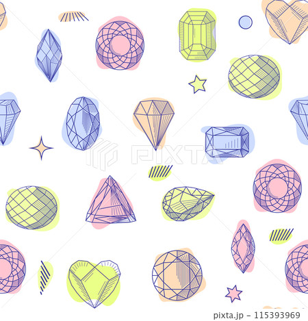 Gemstone crystal seamless pattern. Pastel gems and stars on white background Gemstone crystal seamless pattern. Pastel gems and stars on white background 115393969