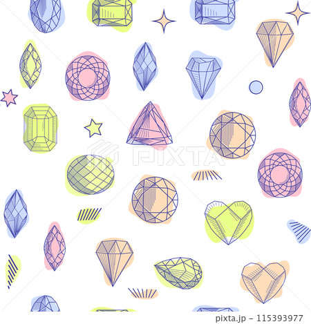 Gemstone crystal seamless pattern. Pastel gems and stars on white background Gemstone crystal seamless pattern. Pastel gems and stars on white background 115393977