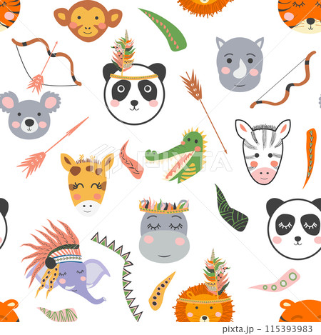 Seamless baby pattern with cute tribal animal faces. Illustration in Scandinavian style, Indians with feathers 115393983