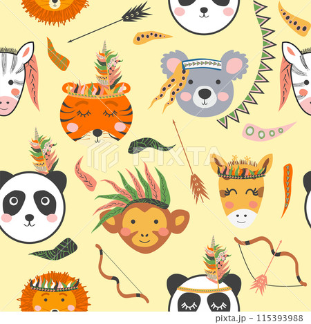 Seamless baby pattern with cute tribal animal faces. Illustration in Scandinavian style, Indians with feathers 115393988