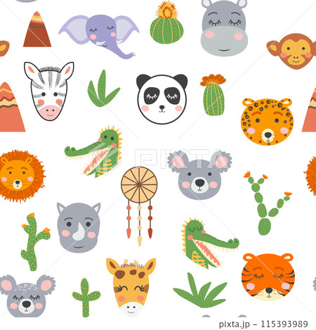 Seamless pattern with cute tribal animal faces. Illustration in boho style, dream catcher, cactus, palm trees, tropics 115393989