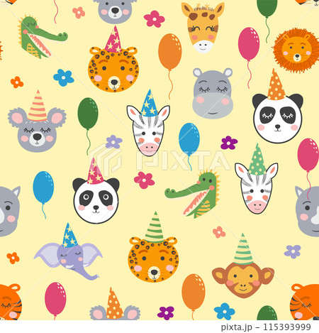 Seamless pattern with cute animal faces. Holiday illustration, birthday, balls, caps 115393999