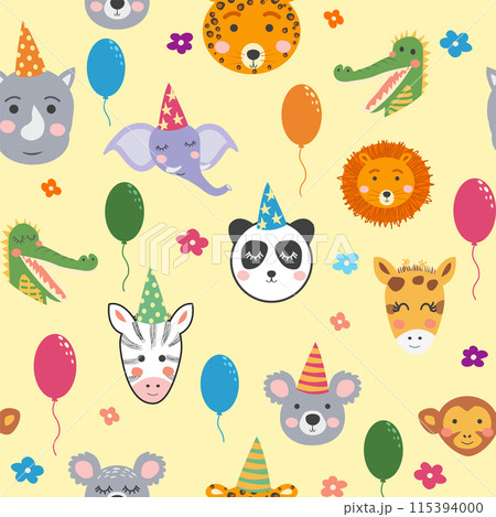 Seamless pattern with cute animal faces. Holiday illustration, birthday, balls, caps 115394000
