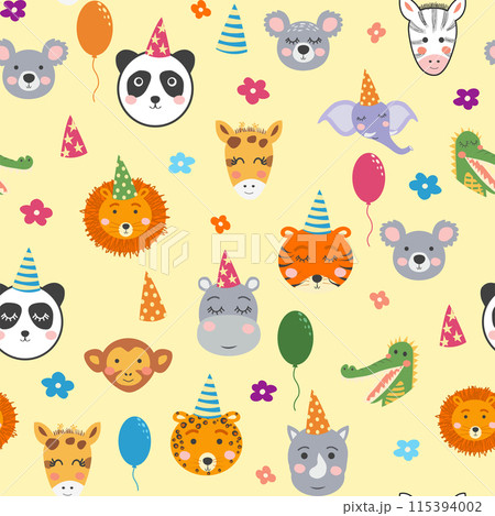 Seamless pattern with cute animal faces. Holiday illustration, birthday, balls, caps 115394002